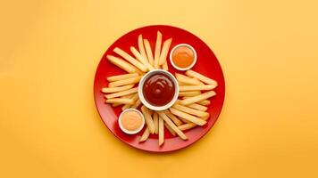 AI generated French fries with ketchup and mayonnaise on a yellow background. photo