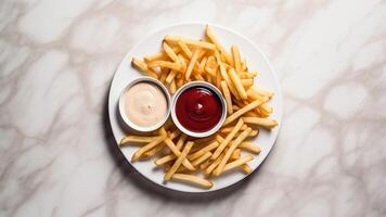 AI generated French fries with ketchup and mayonnaise on white plate. photo