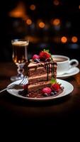 AI generated Chocolate cake with fresh berries and a cup of coffee on a wooden table. Cake concept. Food concept. photo