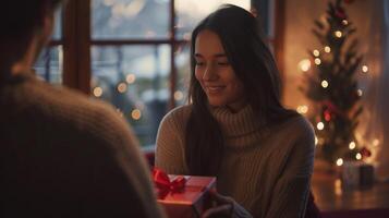 ai generado mujer recepción regalo desde su novio, enamorado dias foto