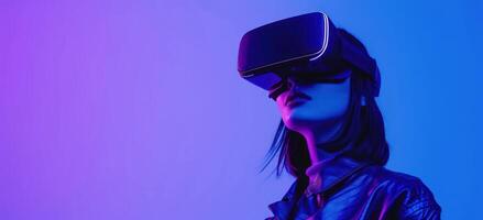 ai generado mujer con virtual vr lentes en azul antecedentes foto