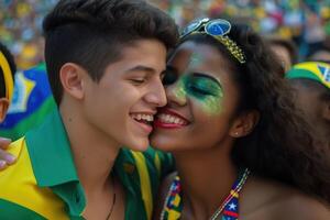 ai generado contento brasileño Pareja partidarios celebrando foto