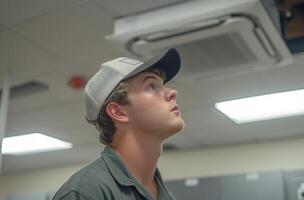 AI generated Technician examining office ceiling for maintenance or repairs, ceiling inspection picture photo