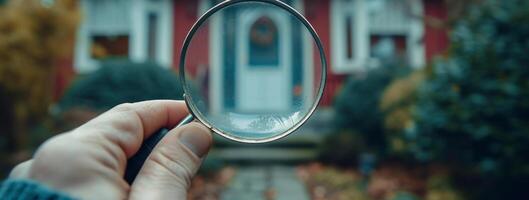 AI generated Hand with magnifying glass inspecting a red home, property exterior inspection picture photo