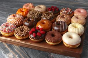 AI generated Various doughnuts on a wooden tray, american food picture photo