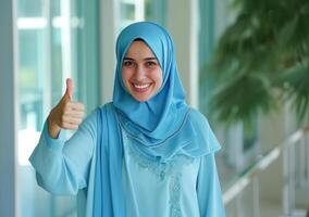 AI generated Muslim woman giving thumbs up and smiling in photo, islamic traditional clothing image photo