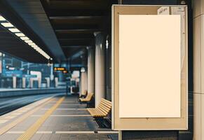 ai generado vacío póster desplegado a autobús estación, marca márketing imagen foto