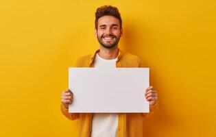 ai generado hombre participación blanco firmar para mensajes o anuncios en contra un amarillo fondo, personal marca imagen foto