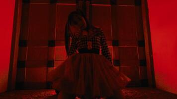 silhouette de une la personne dans une allumé en rouge pièce avec une spectaculaire et de mauvaise humeur atmosphère. video
