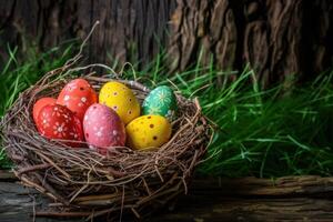 AI generated Colorful painted happy easter eggs in birds nest basket on rustic wooden photo