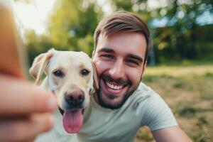 ai generado joven hombre es jugando con un perro y hacer selfie foto