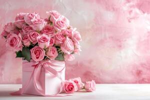 ai generado rosado rosas en un blanco florero con un rosado cinta foto