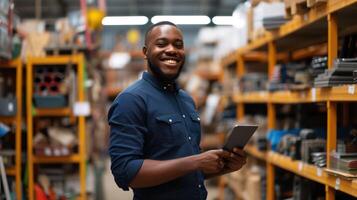 AI generated a smiling man in a warehouse holding a tablet photo