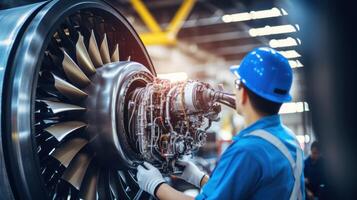 AI generated Close-up of airplane engine, being inspected by technician photo