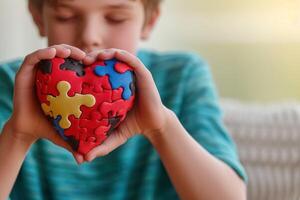 ai generado niño chico manos participación rompecabezas corazón, niño mental salud concepto foto