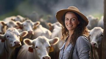 ai generado hembra granjero con un manada de vacas foto