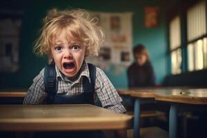 ai generado un niño es gritando en un salón de clases foto