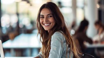 ai generado hermosa alegre joven mujer mirando adelante con ordenador portátil foto