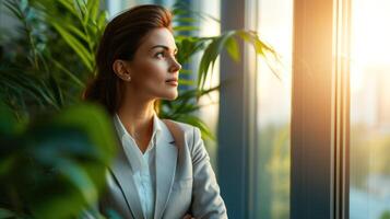 AI generated a woman in a business suit looking out the window photo