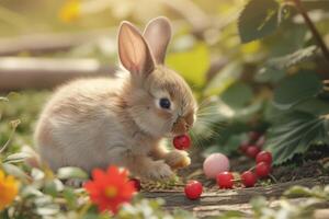 AI generated Little rabbit tries berries Village summer sketch photo