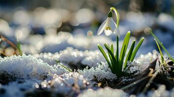 AI generated Solitary snowdrop emerging from melting snow, bathed in sunlight. photo