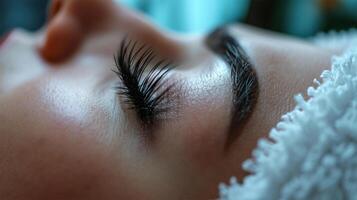 AI generated Detailed Eyelash Extension. Close-up of an extended eyelash on a closed eye. photo