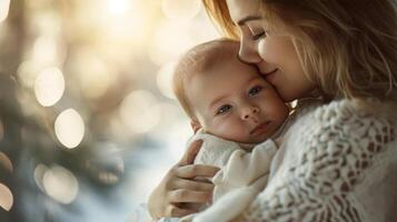 ai generado un madre tiernamente toques su bebé, envuelto en un suave frazada, en contra un ligero bokeh antecedentes.madres día foto