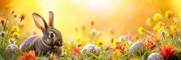 AI generated beautiful easter background with rabbit and eggs photo