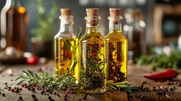 AI generated Bottles of infused olive oils with herbs and spices photo