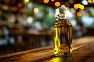 AI generated A glass bottle of olive oil on a rustic wooden restaurant table, warmly lit. photo