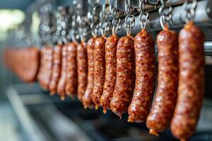 AI Generated  Industrial production of sausages. Sausages hang in a row photo