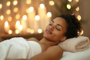 AI generated Beautiful african american young woman getting massage in spa salon . Relaxed woman with closed eyes enjoying a spa day with warm lighting. photo