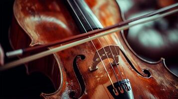 ai generado de cerca de un Clásico violín y arco, destacando el instrumentos madera textura y instrumentos de cuerda. foto