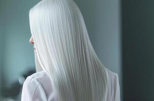 AI generated Silky smooth, straight silver hair of a woman.Sleek Silver Hair Elegance. photo