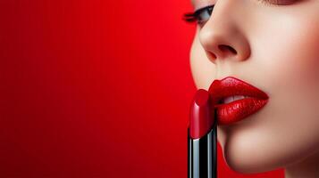 AI generated Woman applying vibrant red lipstick.advertising red lipstick background.copy space photo