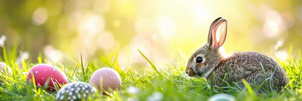 AI generated a rabbit among Easter eggs on sun-drenched spring grass. photo