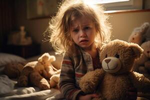 ai generado un pequeño niña sentado en un cama con dos osito de peluche osos foto