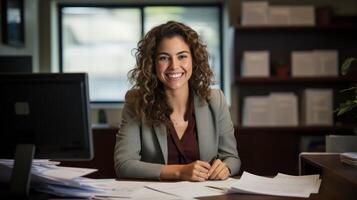 ai generado mujer sonriente, sentado a un escritorio, trabajando con financiero documentos foto