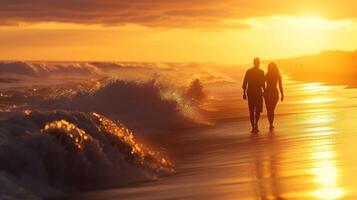 ai generado Pareja caminando en el playa a puesta de sol foto