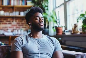 AI generated Man enjoys peaceful moment with headphones, eyes closed, in a cozy indoor setting. photo