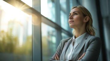 AI generated a business woman looking out the window photo