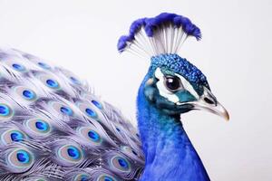 ai generado un cerca arriba de un pavo real con azul plumas foto