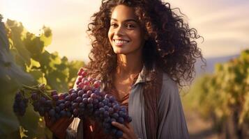 AI generated Smiling woman in a vineyard, holding a bunch of ripe grapes photo