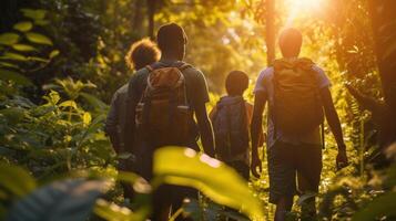 AI generated a group of people walking through the woods at sunset photo