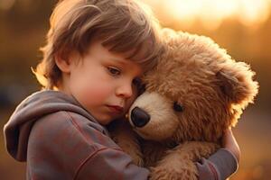 AI generated a young boy is hugging a teddy bear photo