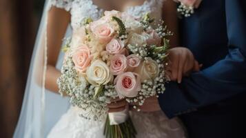 AI generated a bride and groom holding a bouquet of pink and white roses photo