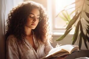 AI generated Woman reading a book, lost in the story. Curly hair. Glasses perched on her nose. photo