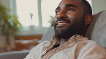 AI generated a man with a beard smiles while sitting on a couch photo