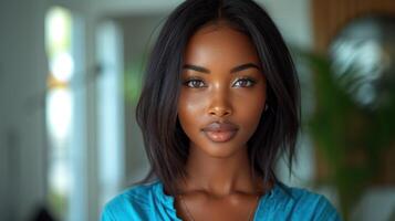 AI generated a beautiful young woman with dark skin and blue shirt photo