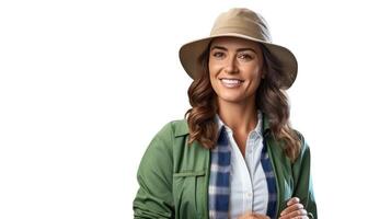 ai generado mujer, agronegocios y agricultura profesión, sonriente, blanco fondo, foto